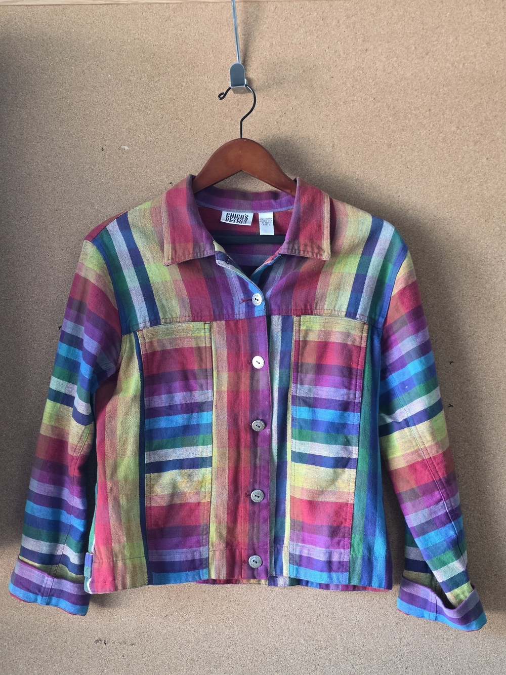 Chico’s Design Multicolor Plaid Button Jacket 100% Cotton Size 1 (M/L)